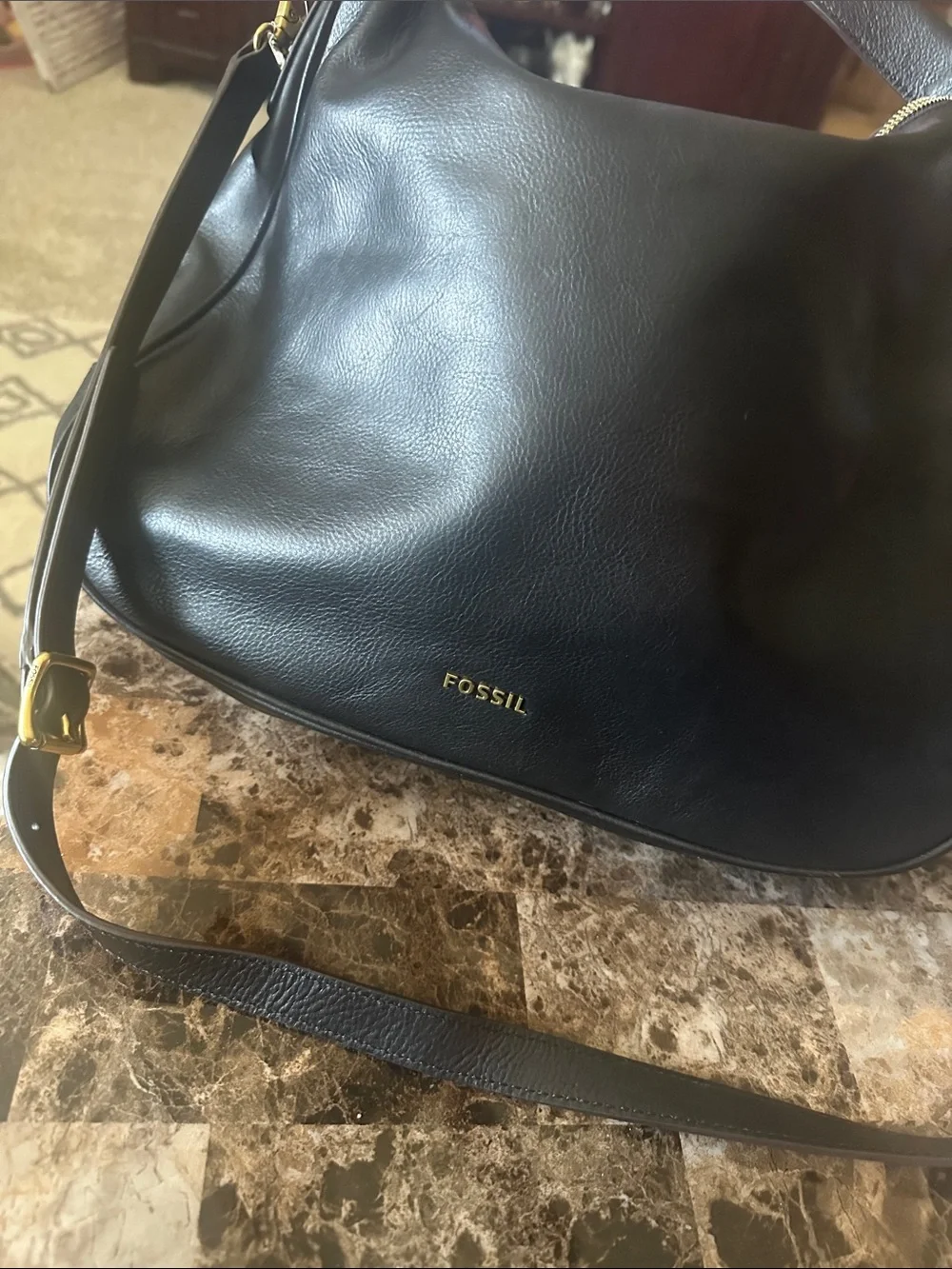Fossil Black Leather Hobo Bag with Gold Hardware